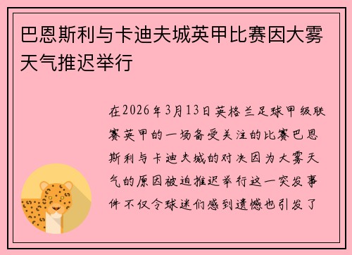 巴恩斯利与卡迪夫城英甲比赛因大雾天气推迟举行